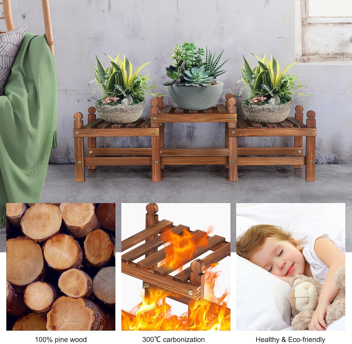 3 Tier Plant Stand Indoor,Wood Low Plant Bench for Multiple Plants | Corner Flower Pot Stand Long Plant Holder Window