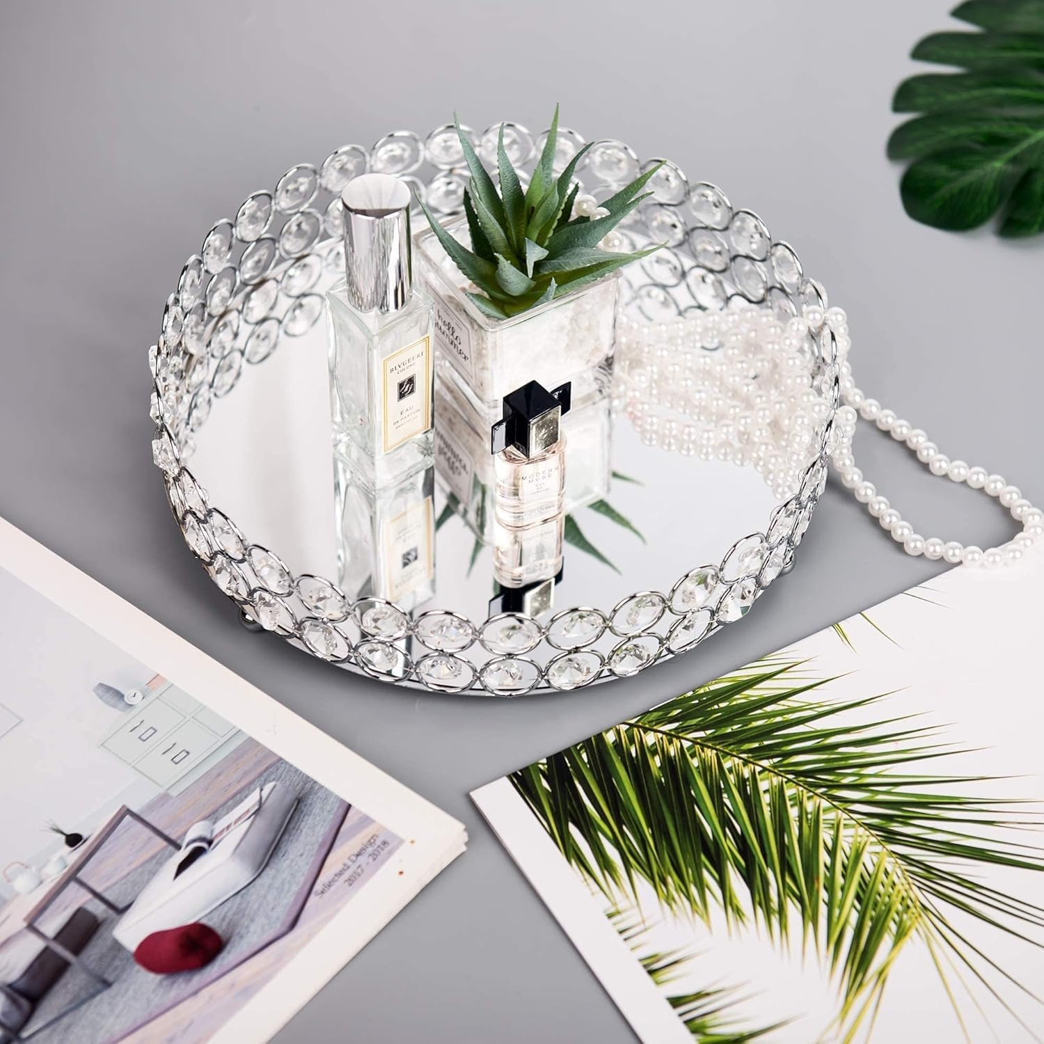 Crystal Perfume Tray Cosmetic Makeup Vanity Tray Jewelry Trinket Organizer Mirrored / Silver