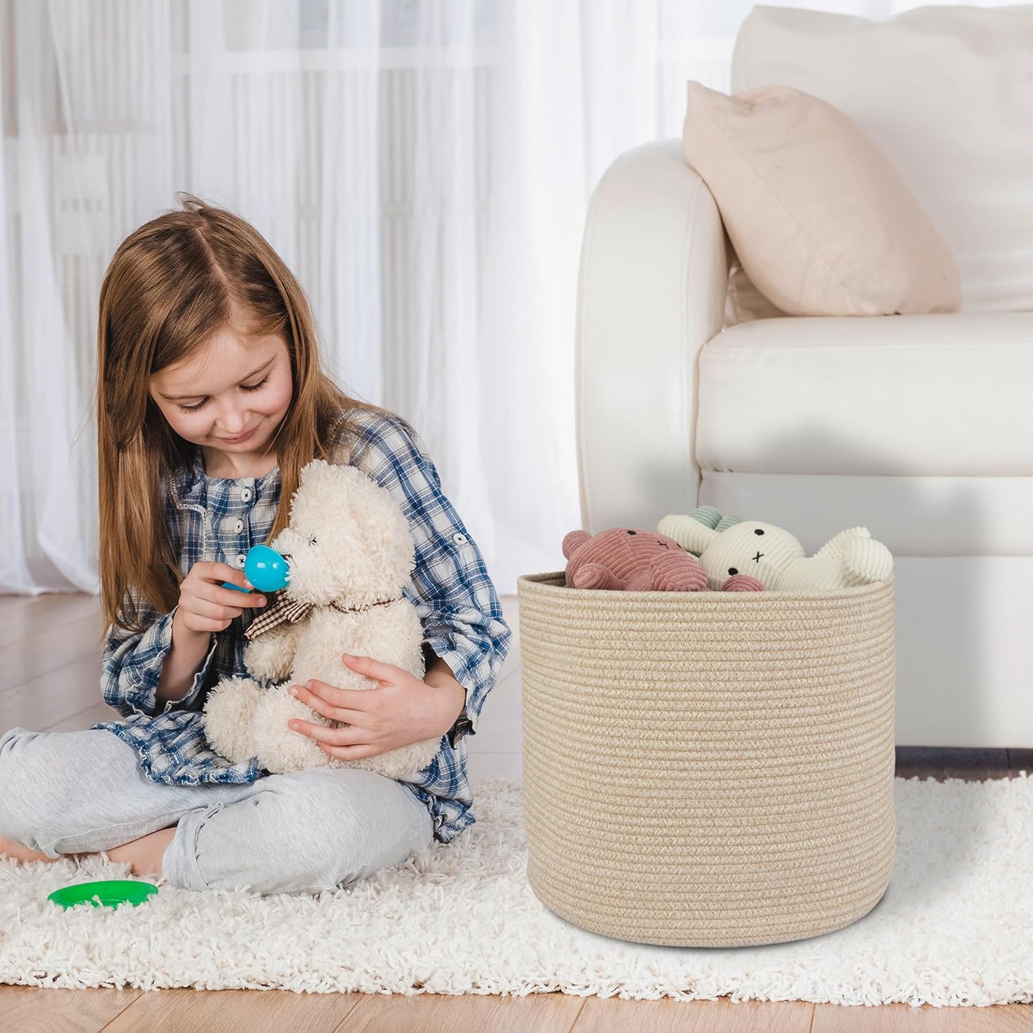 Cotton Rope Basket For Girls Boys Kids " Baby Laundry Basket Nursery Bin Round / Oatmeal / 16 x 14