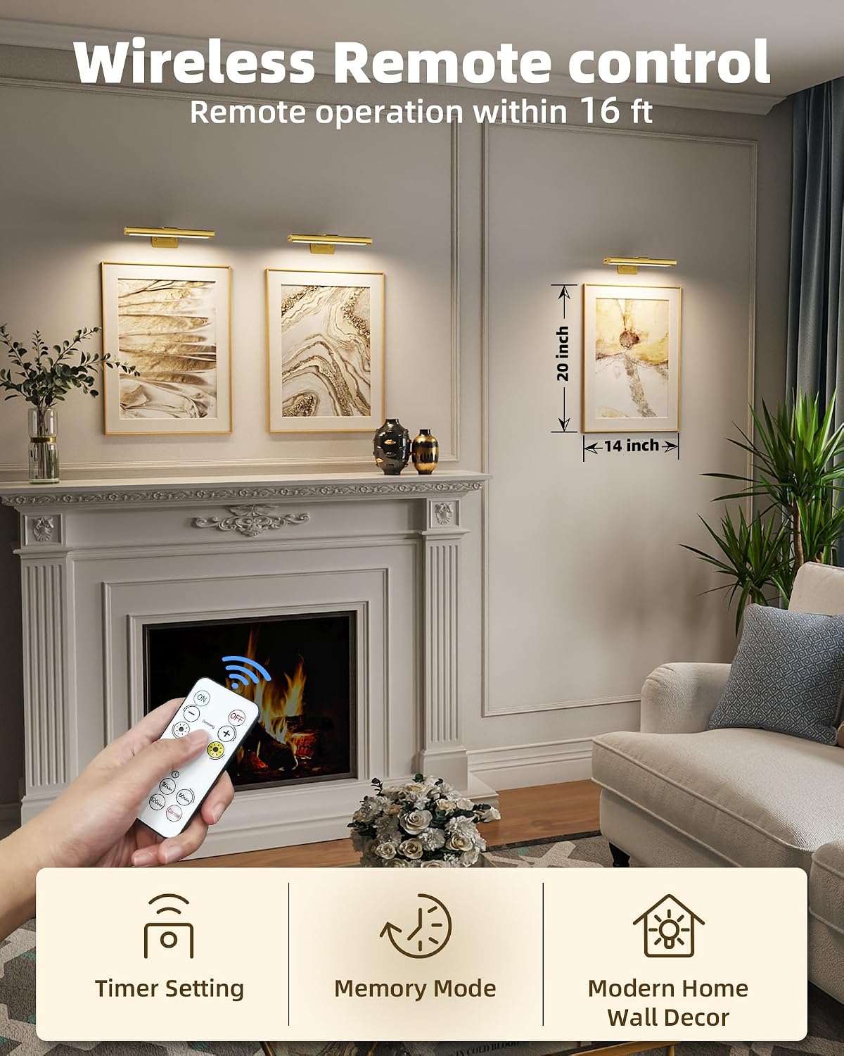 EZVALO Picture Light for Wall, Rechargeable 2400mAh Gold Lights Wireless with IR Remote, 3 Color & Dimmable Magnetic