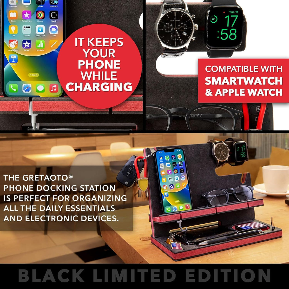 Wooden Docking Station for Cell Phone, Tablet, Wallet, Gadgets, Watch, Keys, Accessories, Essentials Desk Organizer