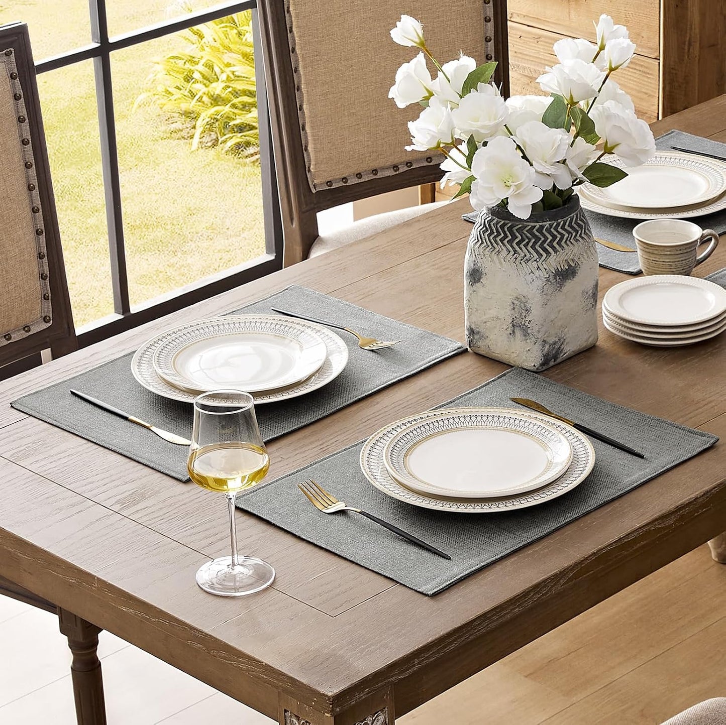 Romanstile Cloth Placemats Set of 8, Heat Resistant Double Layered Thickened Place Mats, Washable Faux Linen Farmhouse