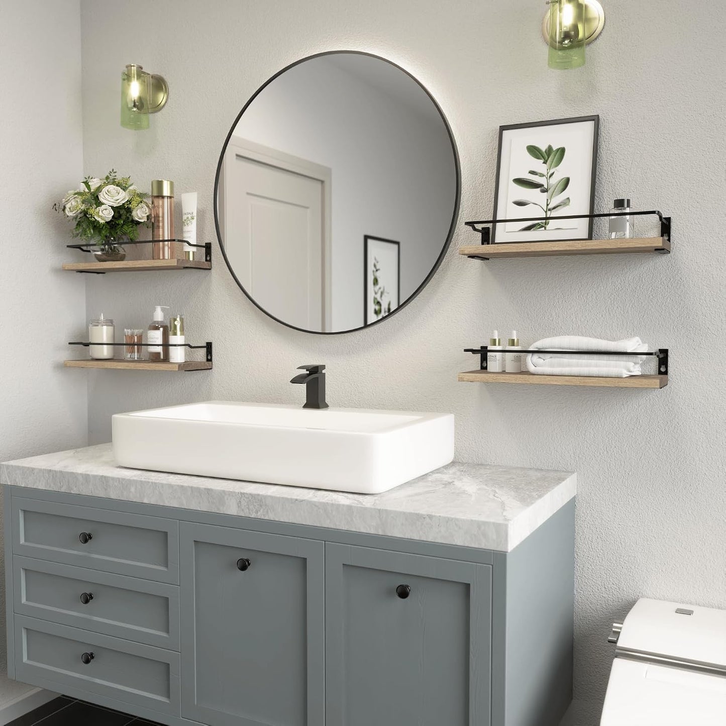 RICHER HOUSE 4-Piece Bathroom Paulownia Wood Shelves Set, Wall Mounted, Protected Guardrail, 20 lbs Weight Capacity
