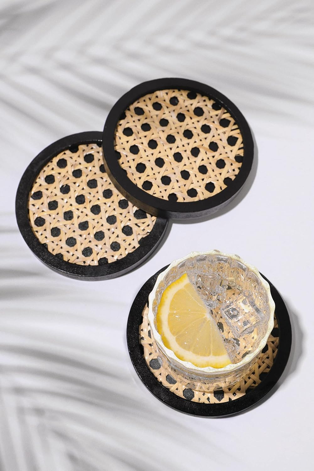 Unique Wooden Rattan Coasters / Round / Black / Set of 4