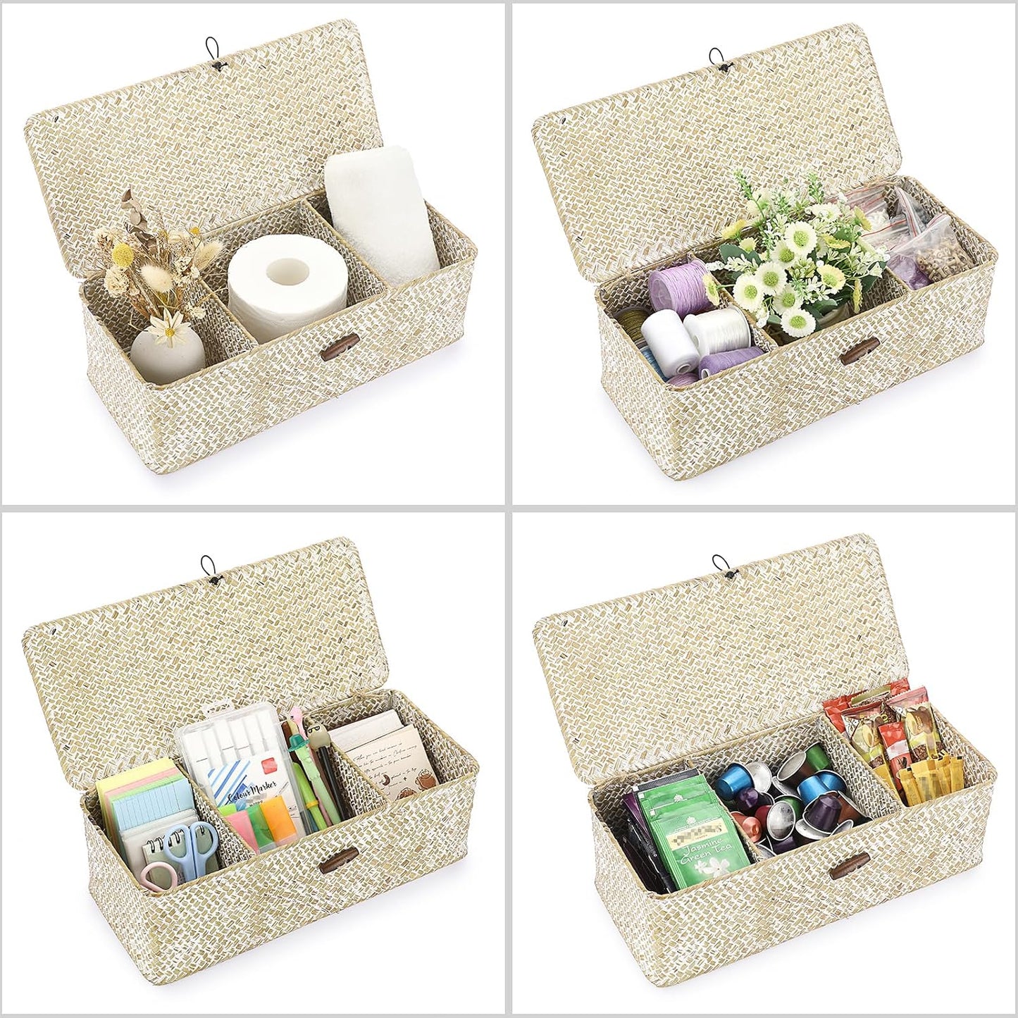 Seagrass Storage Basket Bin 3 Sections Hand-Woven Wicker Baskets / Medium / Whitewash