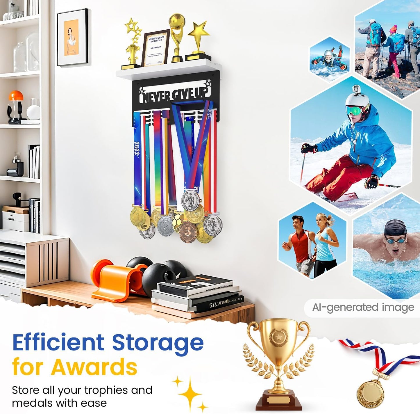 Medal Holder Display Trophy Shelf Organizer, Sturdy Wooden Race Award Hanger Rack with 25 Steel Hooks, Wall Mount