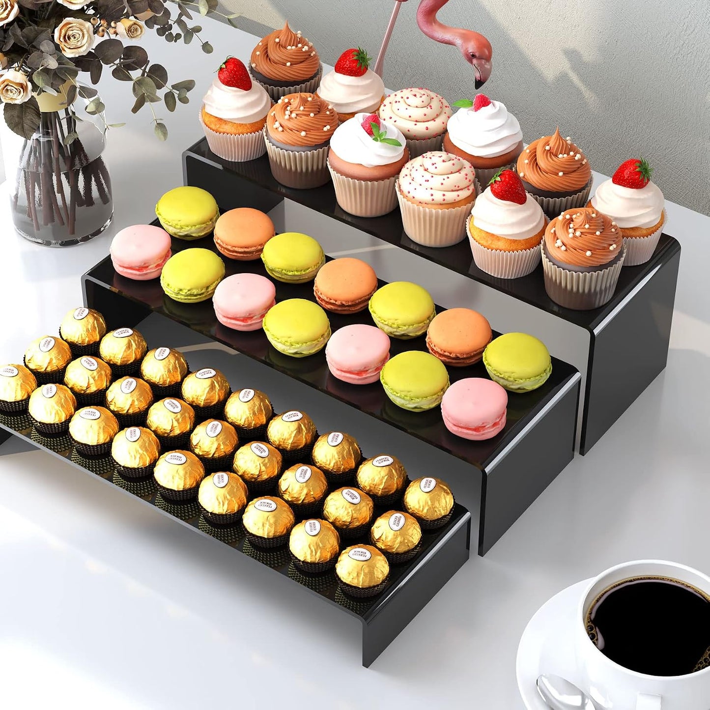 6Pcs Black Large Acrylic Risers, 2 Set(11.2”L~11.6”L~12”L) | Rectangular Showcase Collectibles Display Shelf, Retail