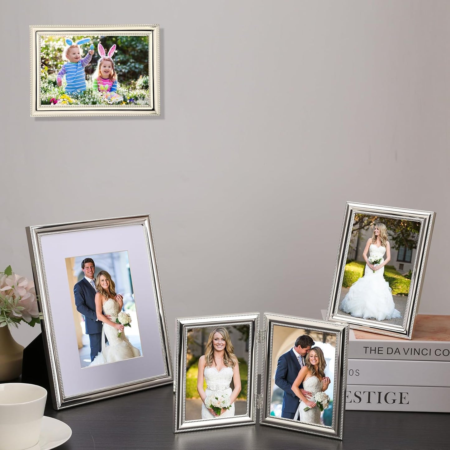YiPinYin Classy Silver Plated 8x10'' Metal Picture Frame 2 pack,Classic Beaded Frame 8x10'' Mat 5x7'',Real Glass Front