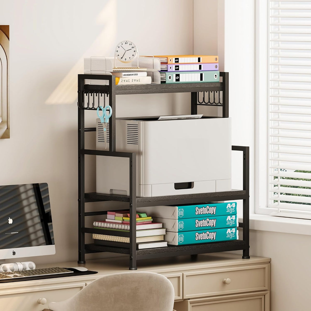23.6"W Large Kitchen Countertop Organizer, 3 Tier Spice Rack Organizer with Adjustable Shelf and 10 Hooks, Wooden