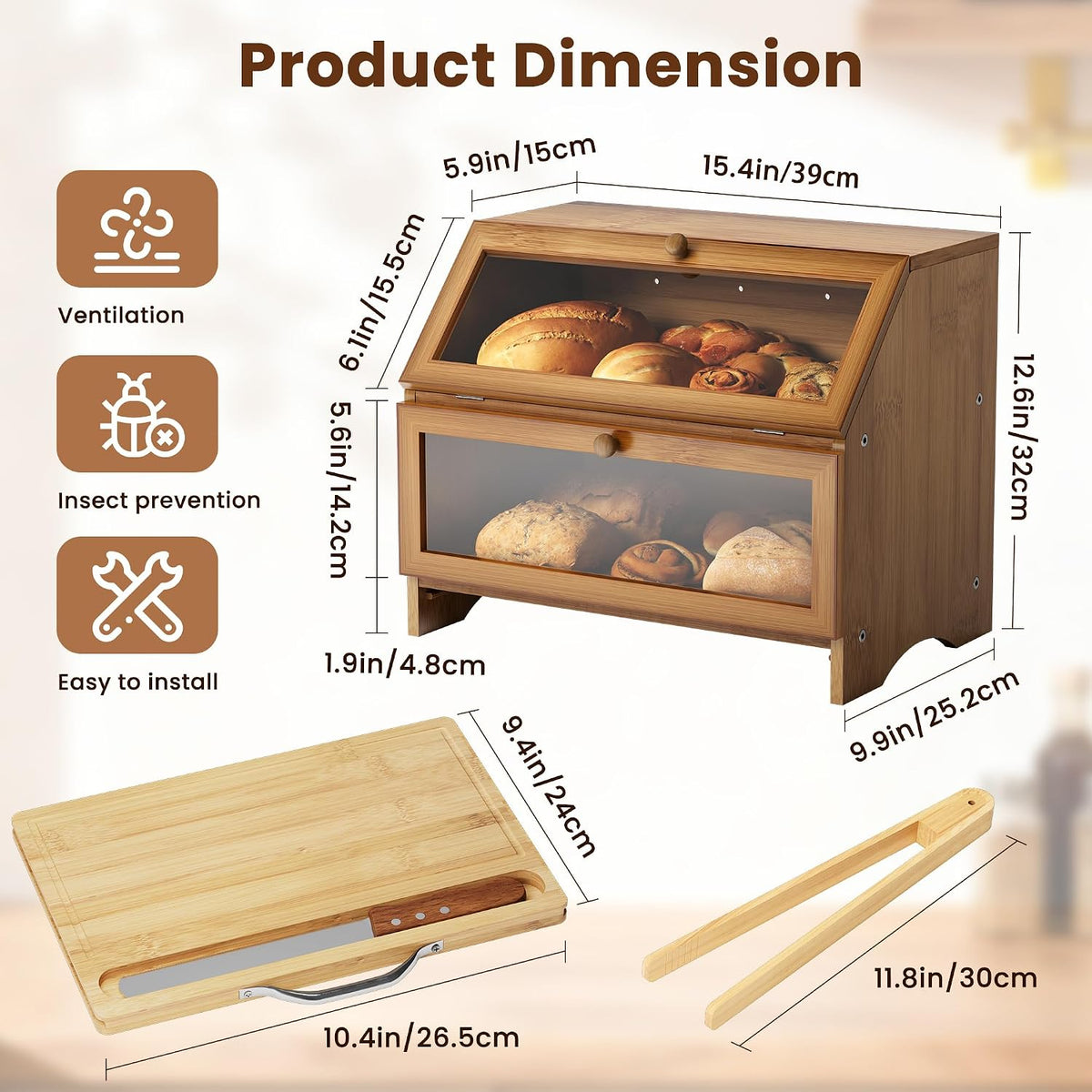 MAISONPEX Double Layer Bamboo Bread Box for Kitchen Countertop, Large Capacity, Cutting Board, Stainless Steel Bread