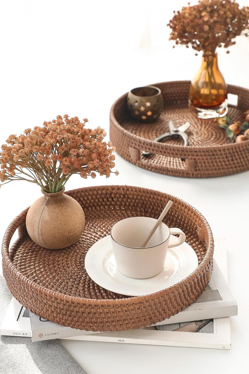 11.8" Hand-Woven Round Rattan Serving Tray Decorative Wicker Trays / 11.5 / Warm Brown