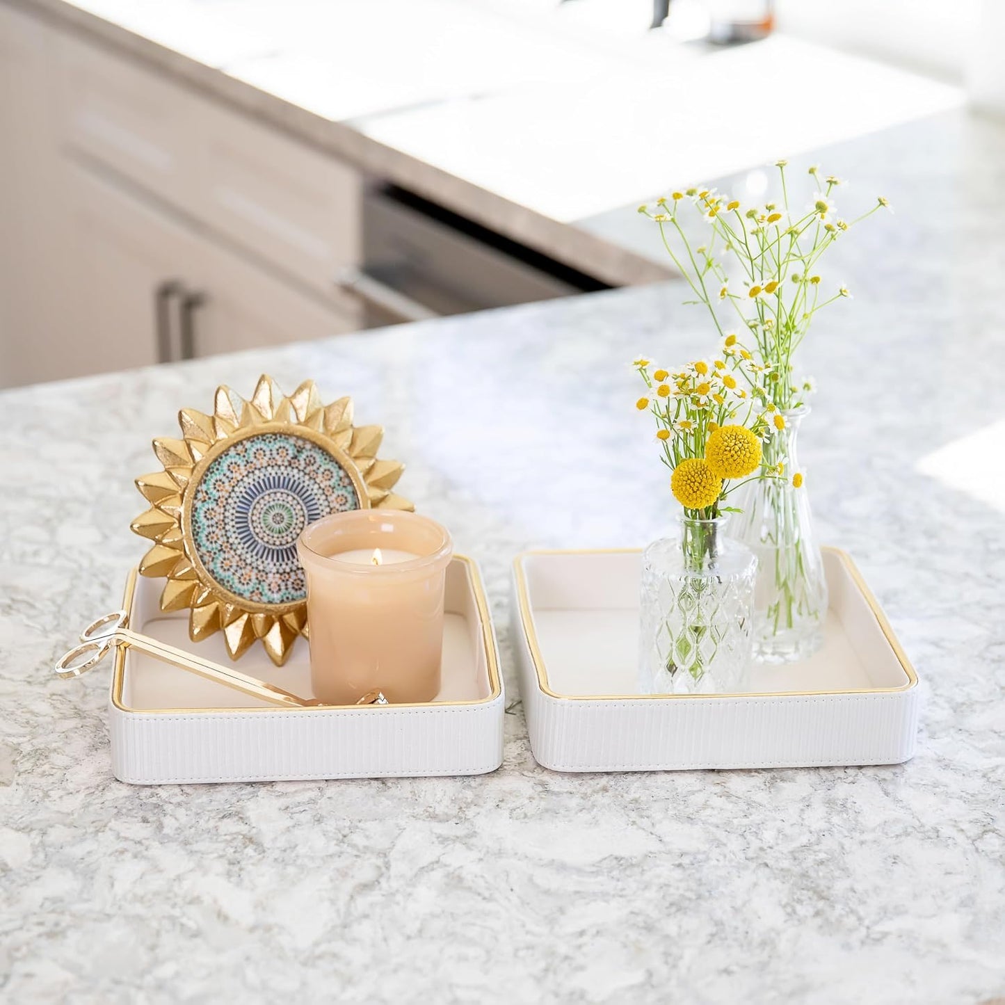 Bedside Tray / Leather Catchall Tray / White / 8 x 8 x 1.8 / Set of 2