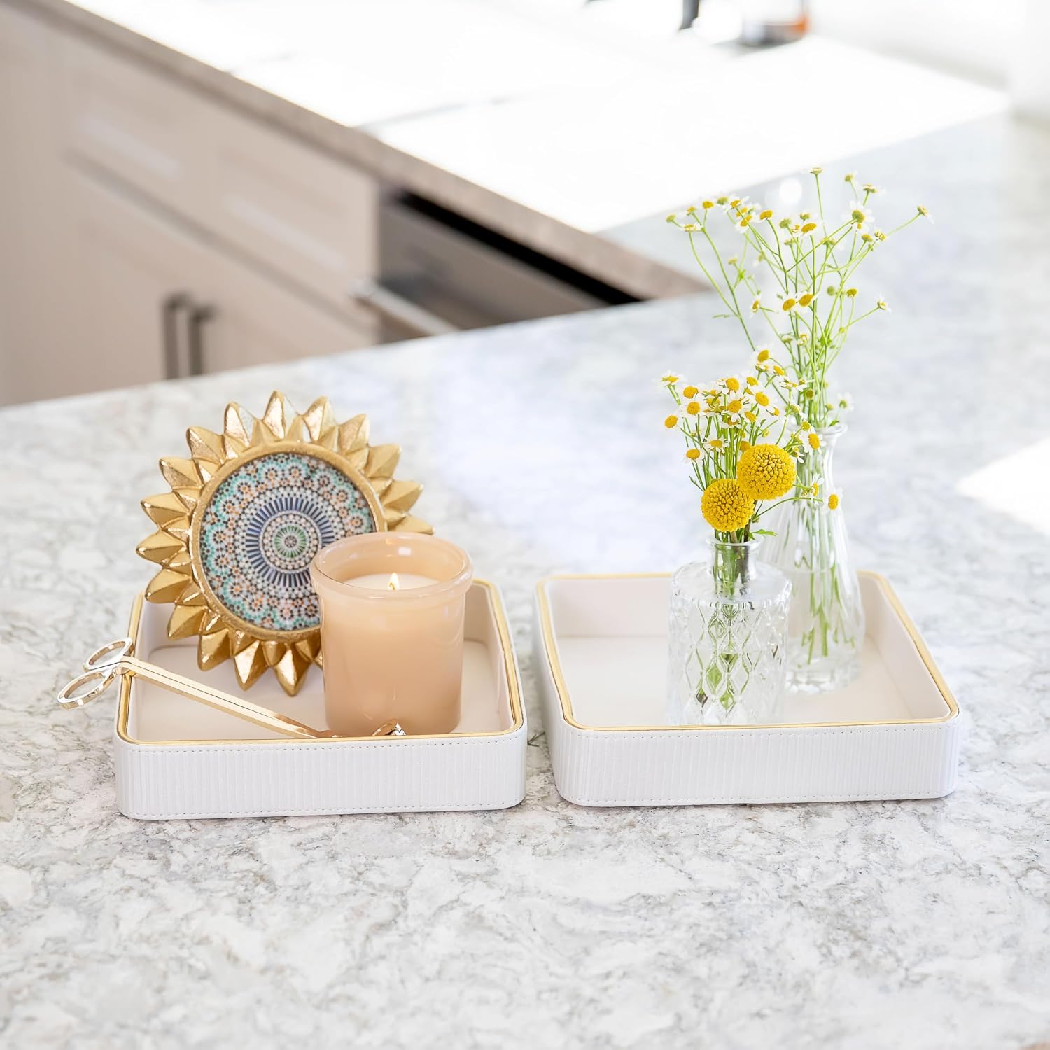 Bedside Tray / Leather Catchall Tray / White / 8 x 8 x 1.8 / Set of 2