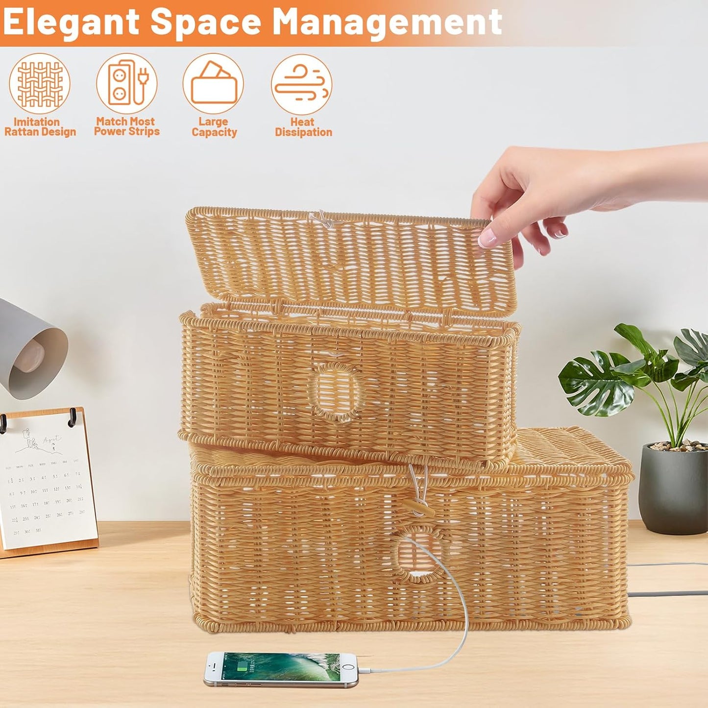 Handmade Cable Management Boxes Rattan Cable Organizer Large & Medium Cord Hider / Set of 2