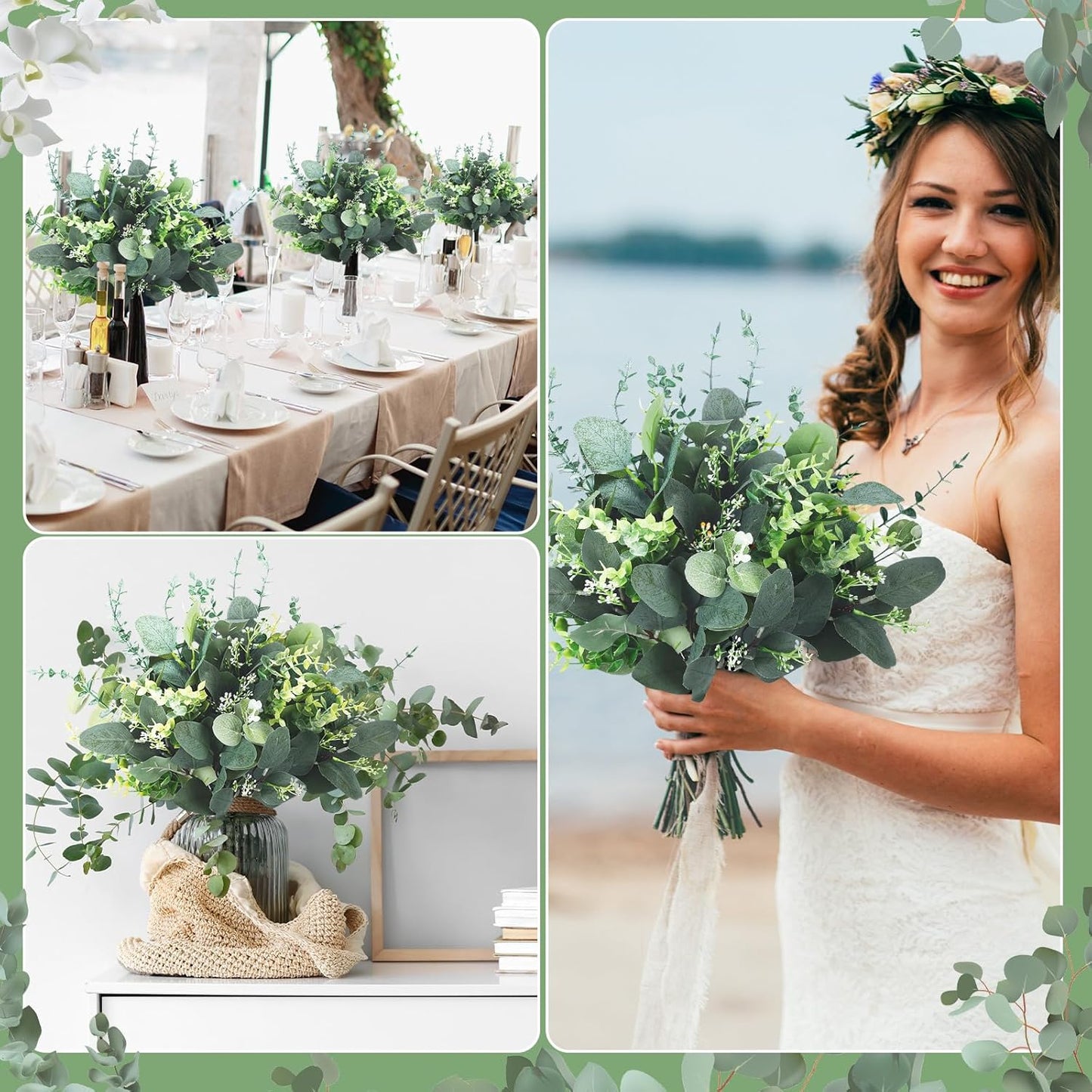 6 Kinds Mixed Greenery Stem Artificial Faux Eucalyptus Leaves Dollar / Silver / Set of 120