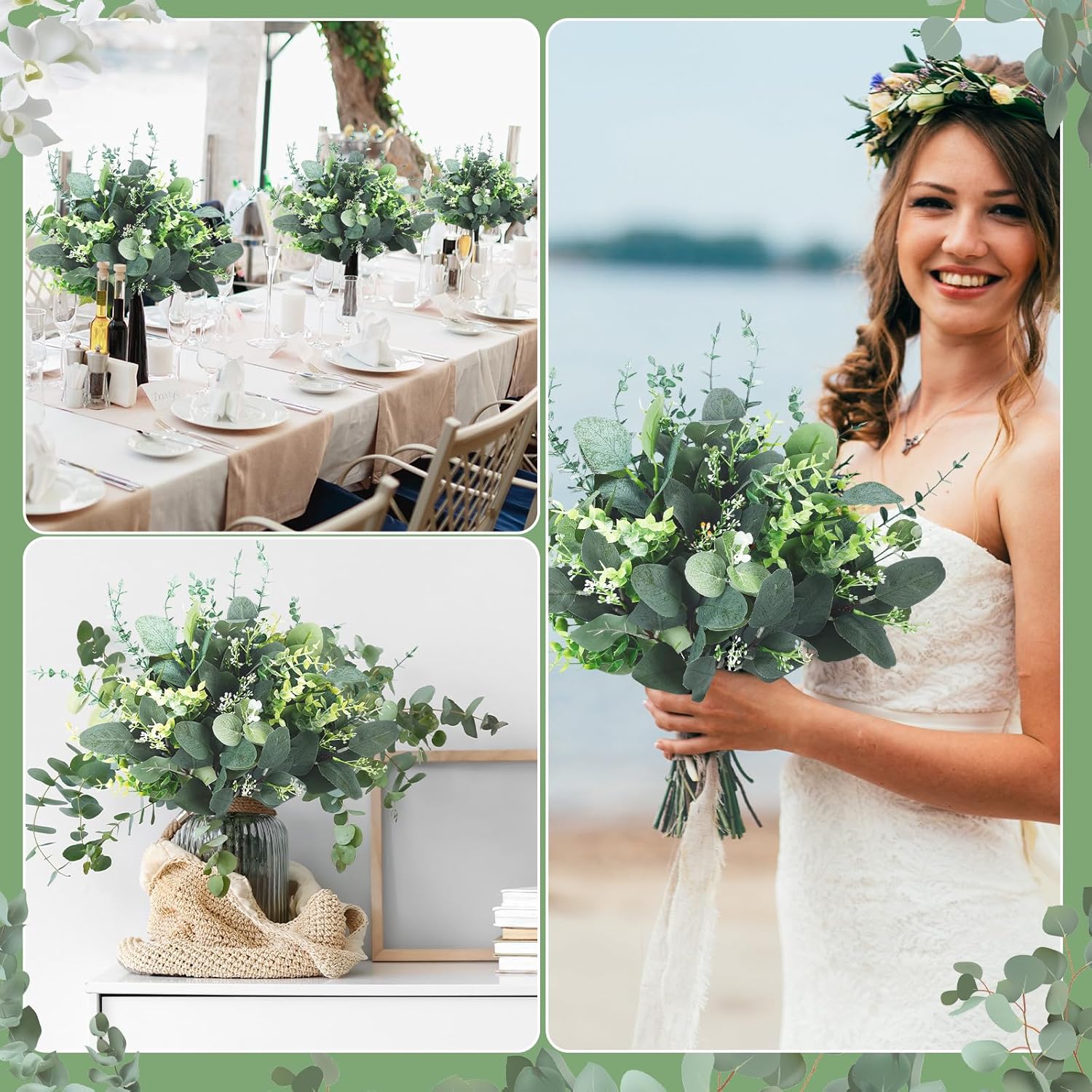 6 Kinds Mixed Greenery Stem Artificial Faux Eucalyptus Leaves Dollar / Silver / Set of 120