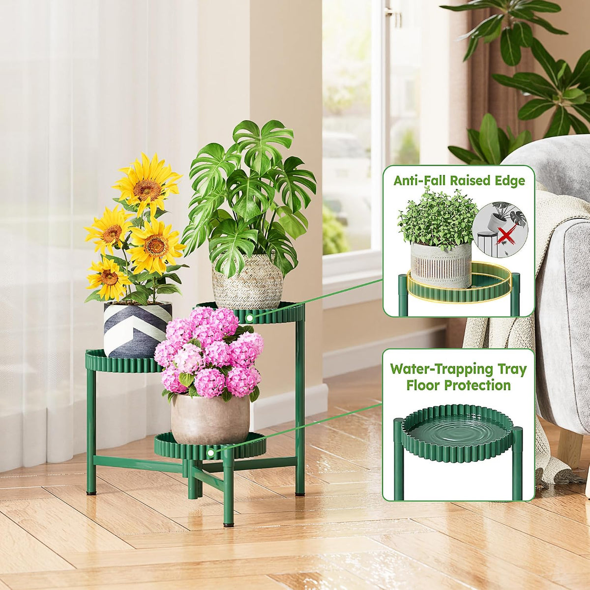 Plant Stand Indoor Outdoor, 3 Tier Corner Metal Flower Display Holder Shelf, Folding Tall Plant Rack for House Patio