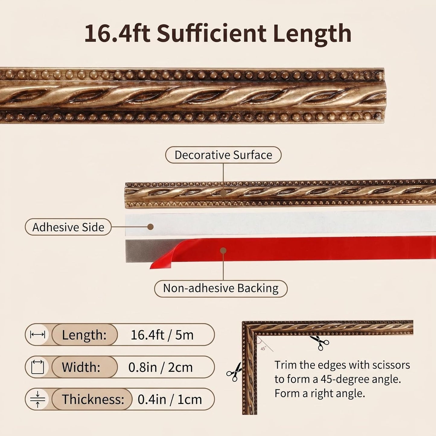Self Adhesive Peel and Stick Molding Ceiling Molding / Brass