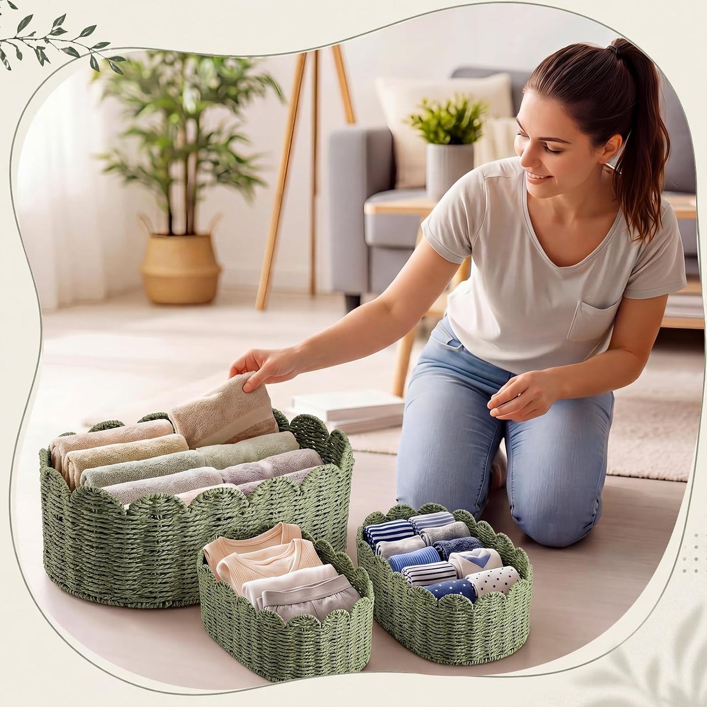 Scalloped Baskets for Organizing Paper Rope Storage Baskets Shelves / Sage Green / Set of 3