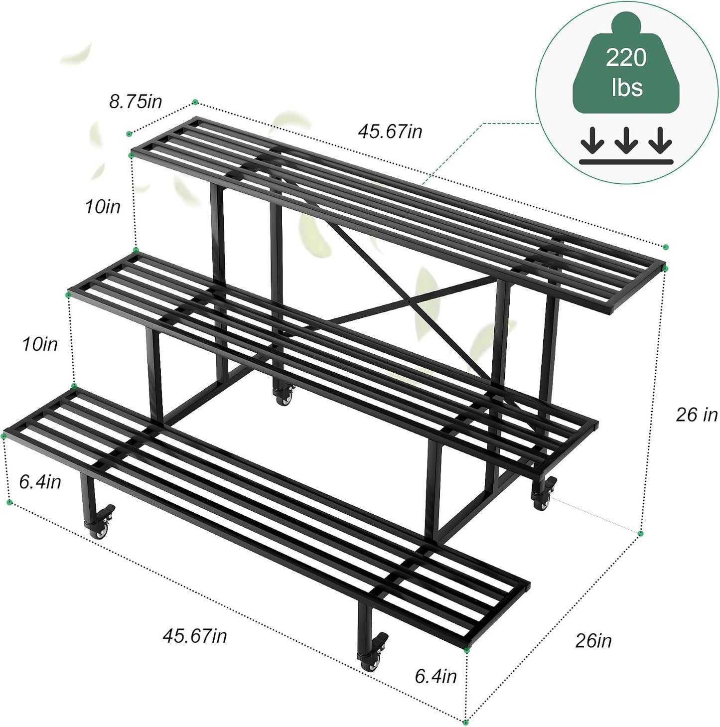 Zhongma 3 Tier Sturdy Metal Plant Stand with Wheels, L45.67 x W26 x H26 inch, Heavy Duty Plant Holder for Home Indoor