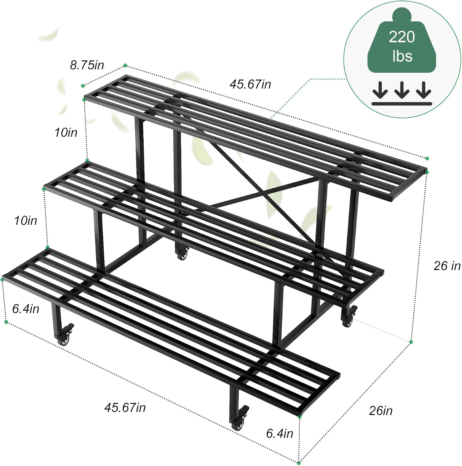 Zhongma 3 Tier Sturdy Metal Plant Stand with Wheels, L45.67 x W26 x H26 inch, Heavy Duty Plant Holder for Home Indoor