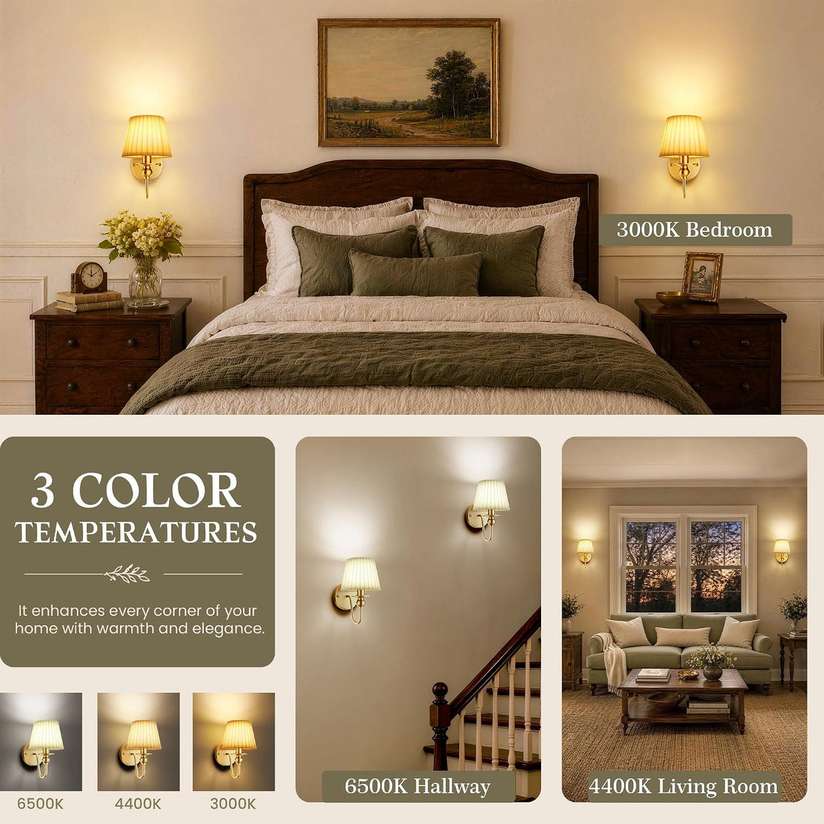 6000mAh Battery Operated Wall Sconces Set of 2, Gold, 10.6 Inch | Dimmable, 15 RGB, Renter Friendly, Rechargeable