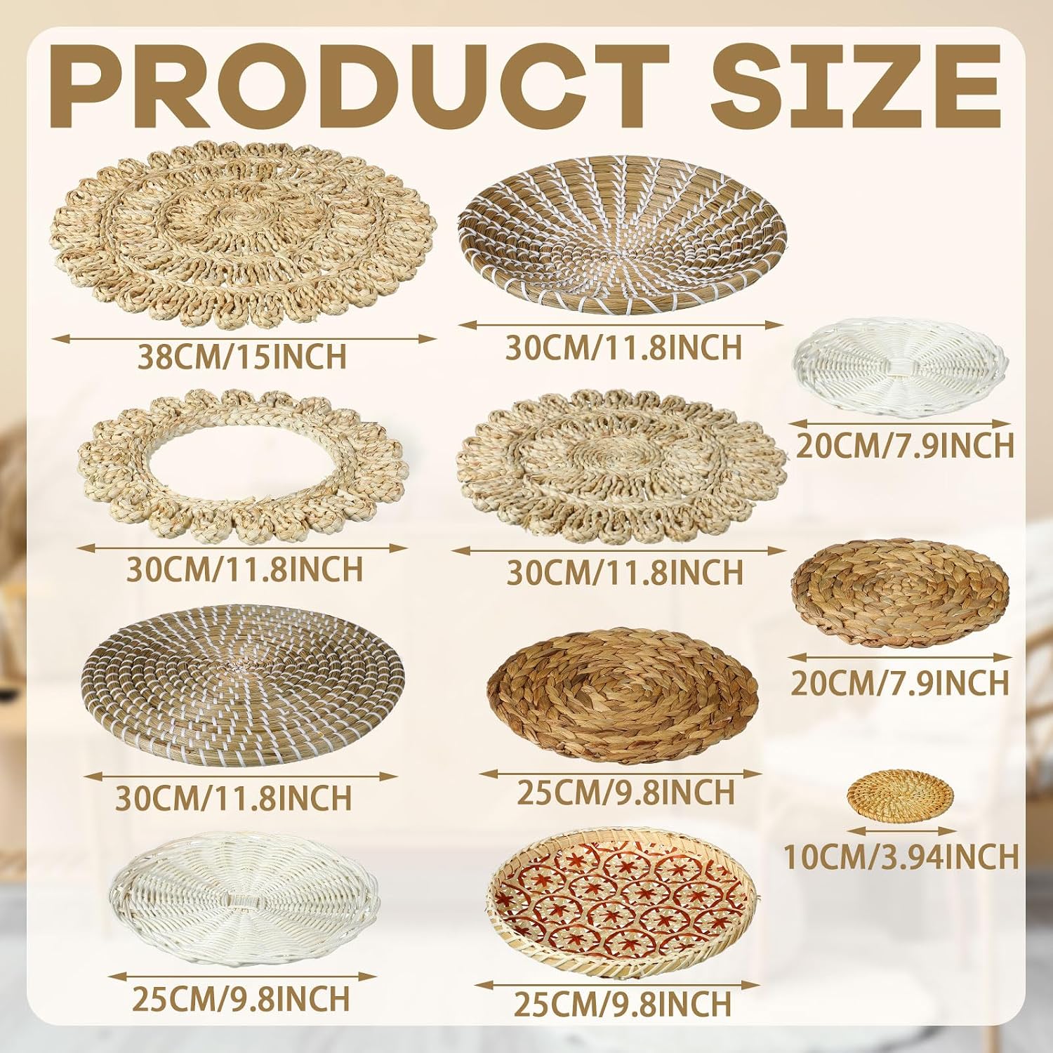 Boho Wall Basket Decor Handcrafted Seagrass Woven Wall Basket Rustic Round / Fresh Style / Set of 15