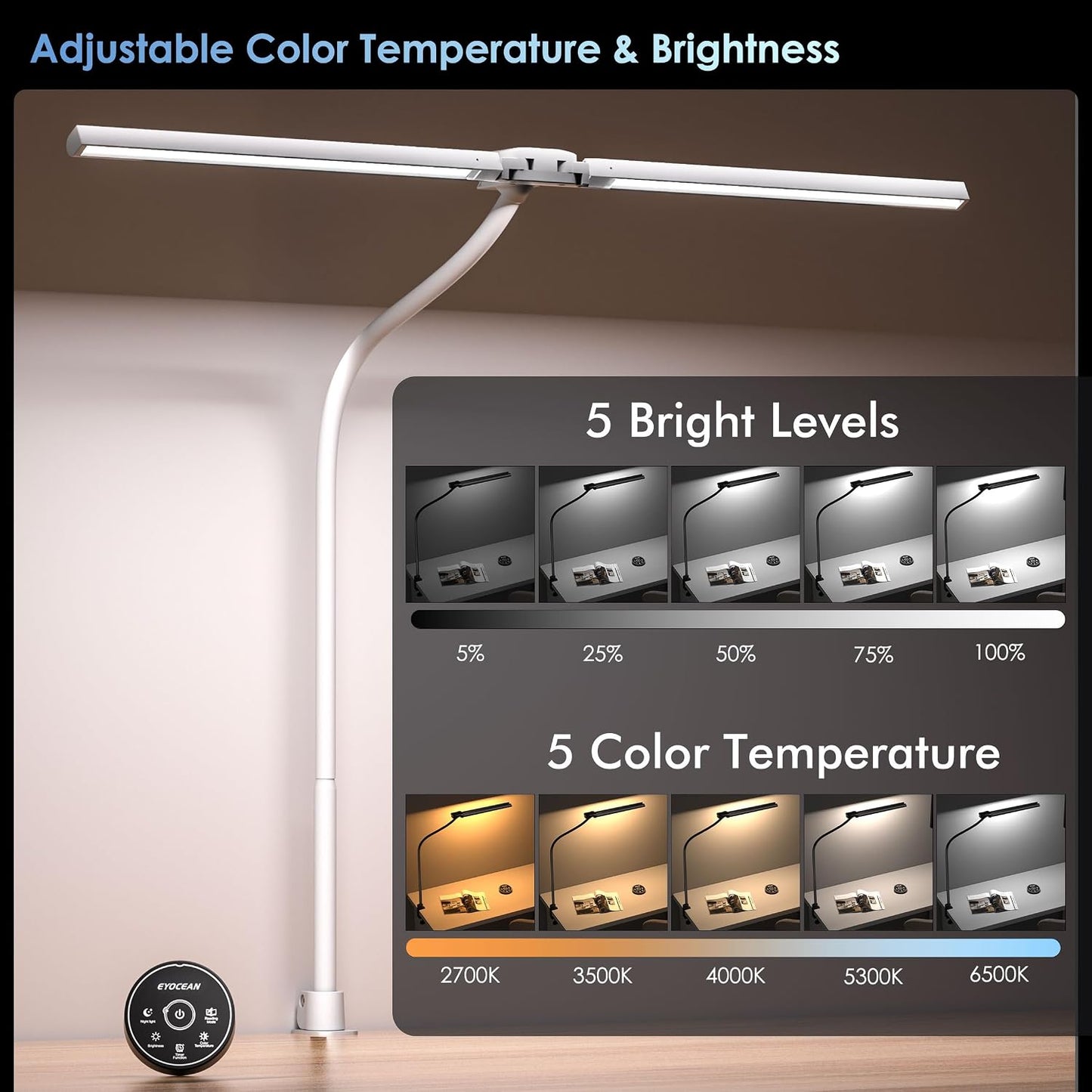 EYOCEAN Desk Lamp with Clamp, 31.5" LED Desk Lamp for Home Office, 24W Double Head Desk Light, Dimmable & Color