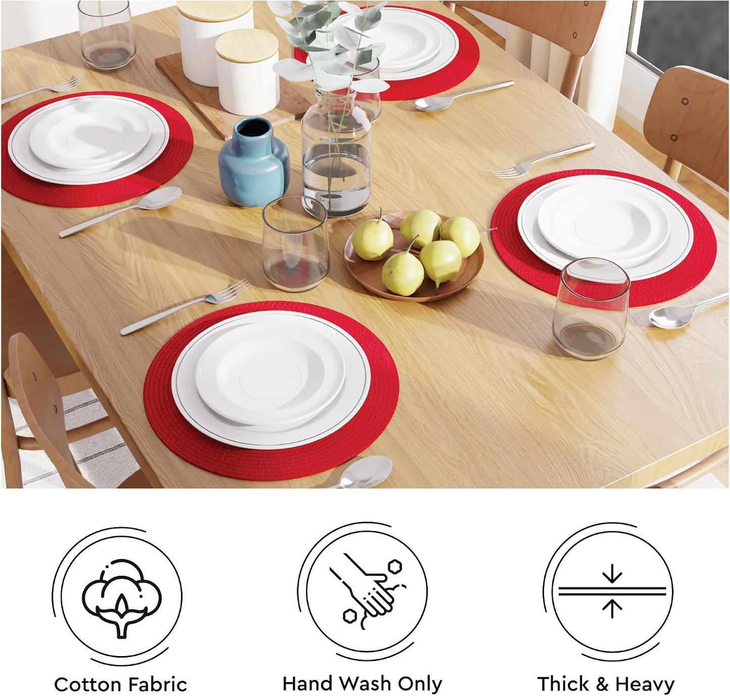 Encasa XO Placemats, Round Cotton Dining Table Mats 13" | Red, Handcrafted Ribbed Texture | Heat Resistant Trivets