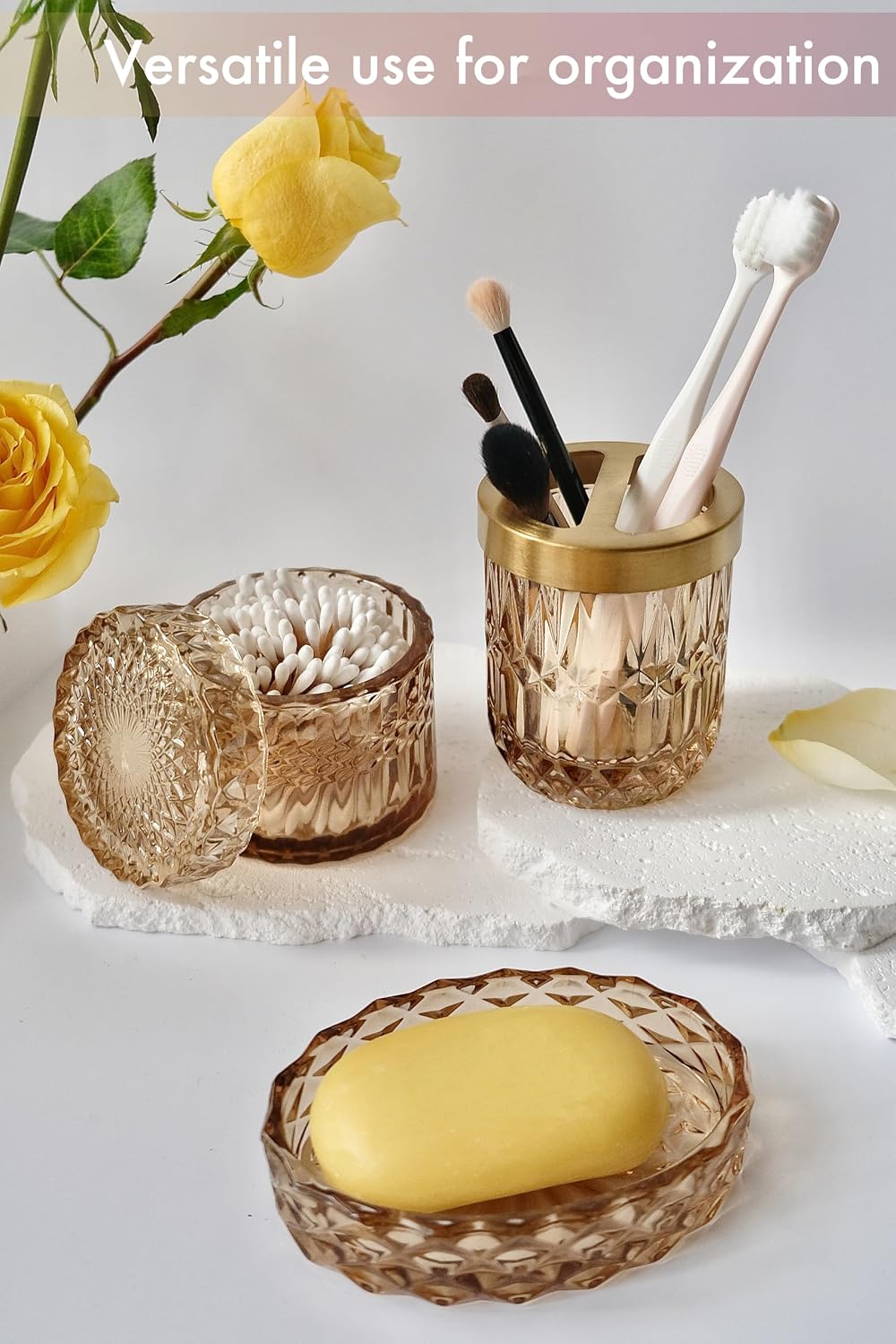 LaMarriti Brown Bathroom Accessories Set, 5Pcs Glass Bathroom Set, Soap Dispenser and Toothbrush Holder Set, Soap Dish