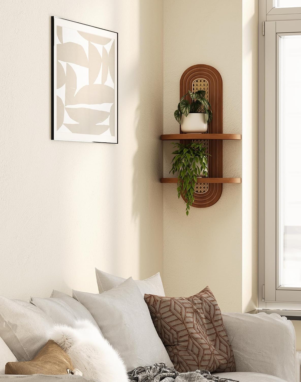 Floating Shelves / 2-Tier Rattan Plant Shelf / Walnut-2packs