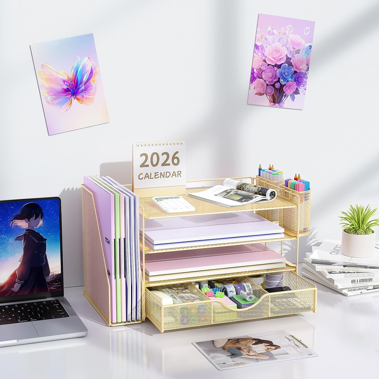 gianotter Desk Organizers and Accessories with File Holder, 4-Tier Desk Accessories & Workspace Organizers with Drawer