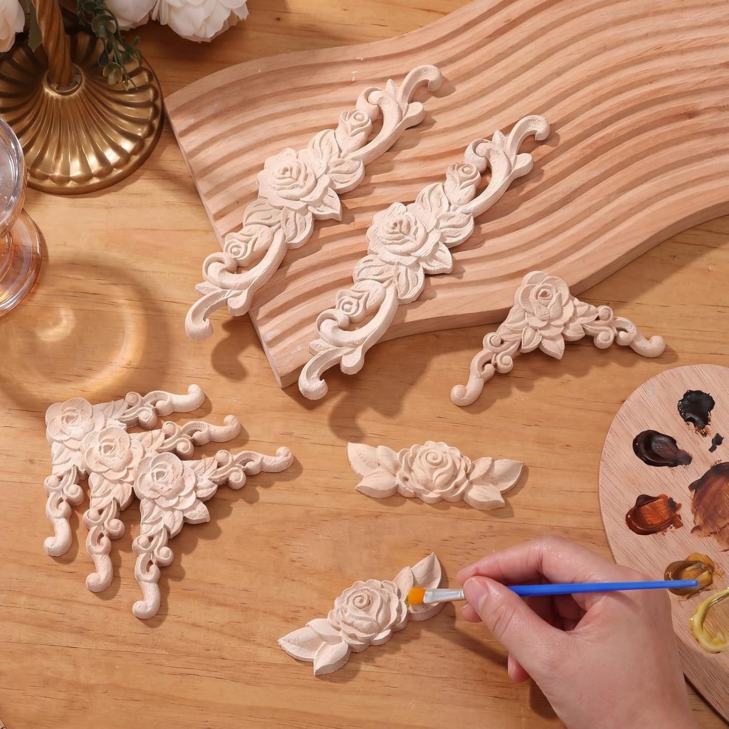 Wood Appliques and Onlays for Furniture Carved Onlays DIY / Rose Style / Small Size / Set of 8