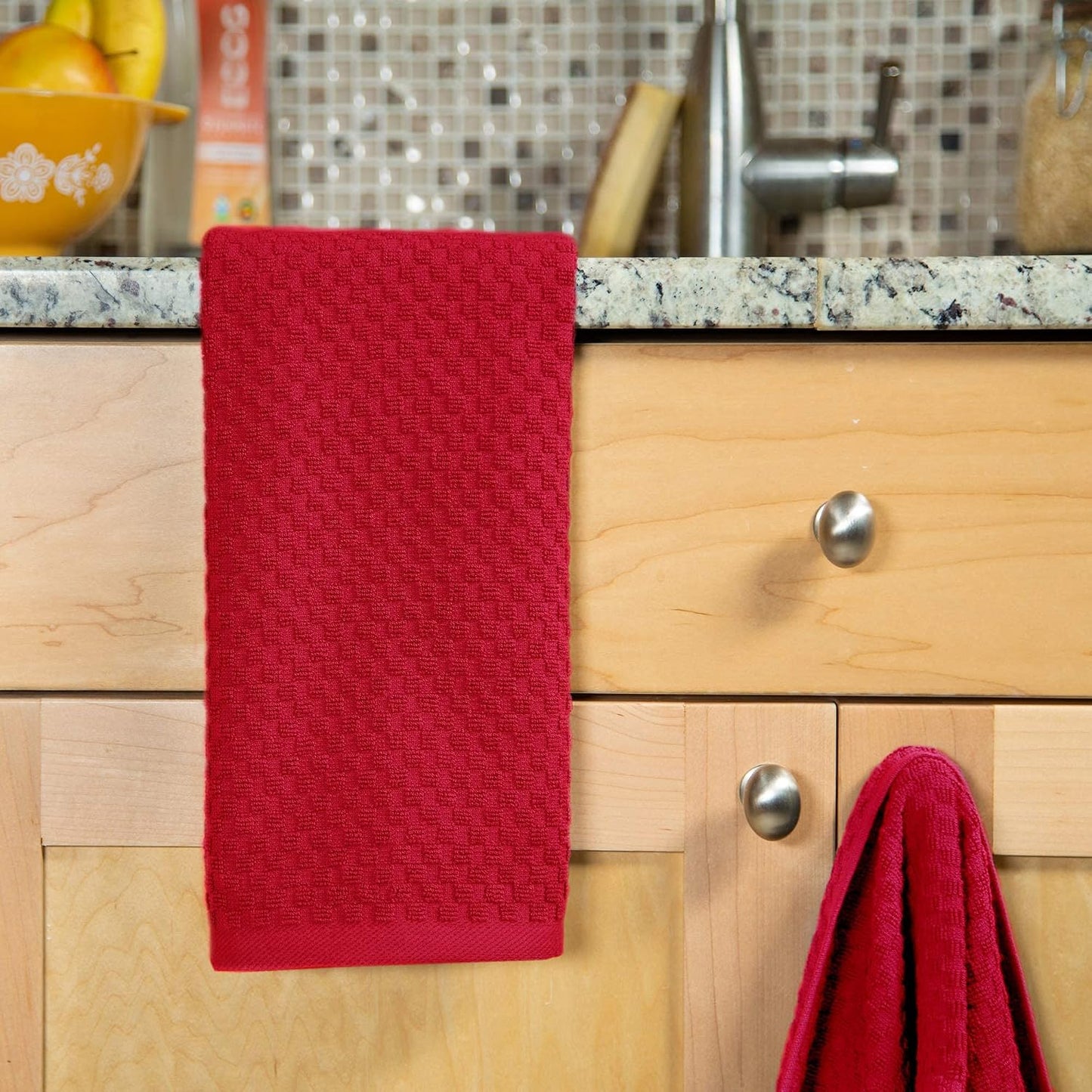 COTTON CRAFT Amazing Kitchen Towels - 8 Pack 100% Cotton Waffle Terry Towel | Red - 16x28 inch Euro Café Waffle Weave