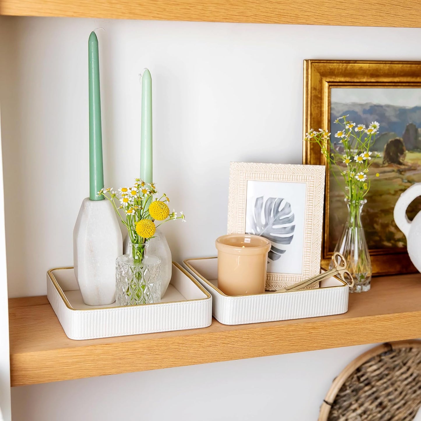 Bedside Tray / Leather Catchall Tray / White / 8 x 8 x 1.8 / Set of 2