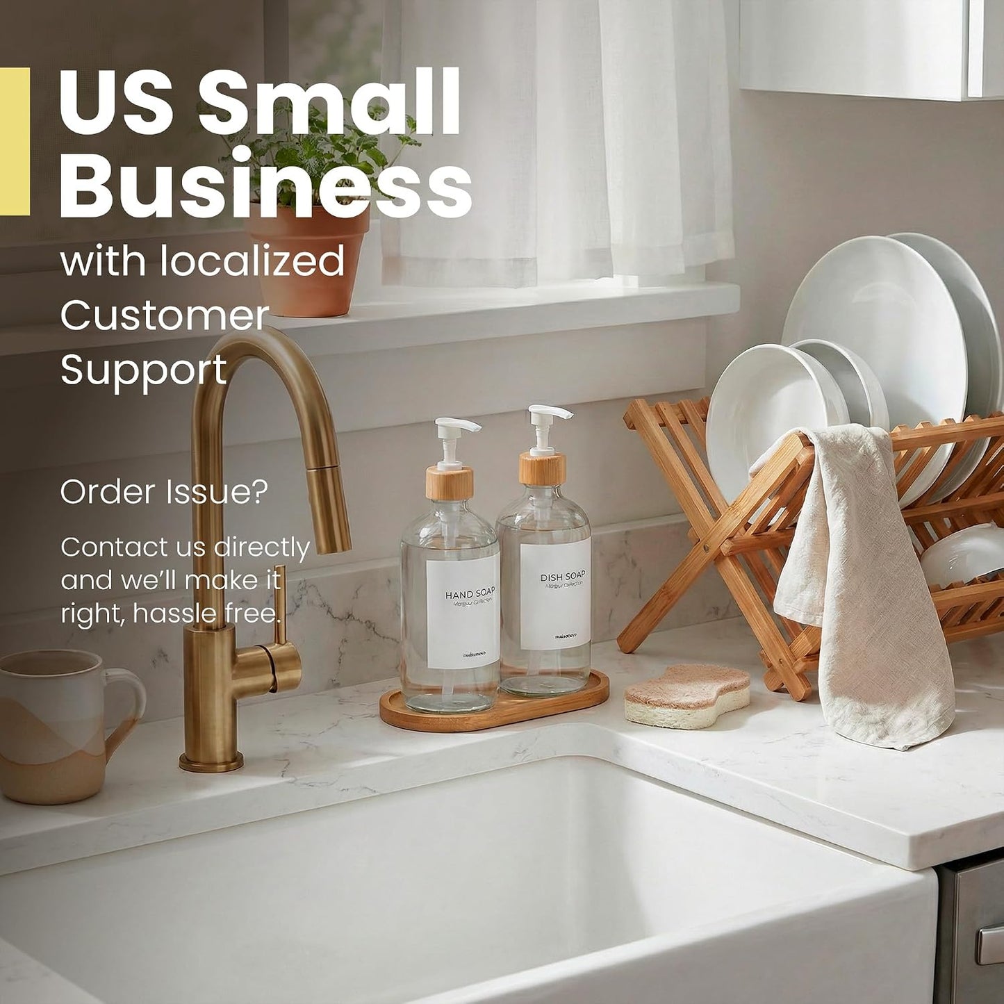 Maisonovo Dish Soap Dispenser Set - Clear Soap Dispenser White Bamboo Pumps | Glass bottles for body wash, lotion