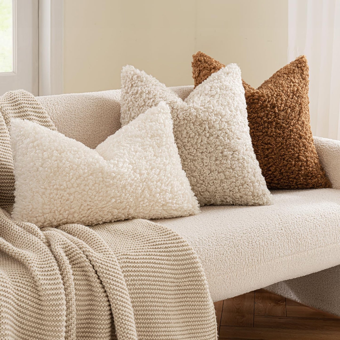 Faux Fur Throw Pillow Covers Boucle Decorative Sherpa Pillow / 18 x 18 / Neutral Oatmeal / Set of 2