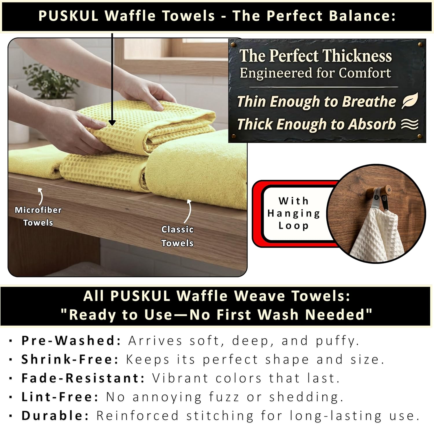 PÜSKÜL Natural 100% Turkish Cotton Waffle Bath Towels Set of 2, Extra-Large | Light Yellow, Oversize 32x63" Bath sheet