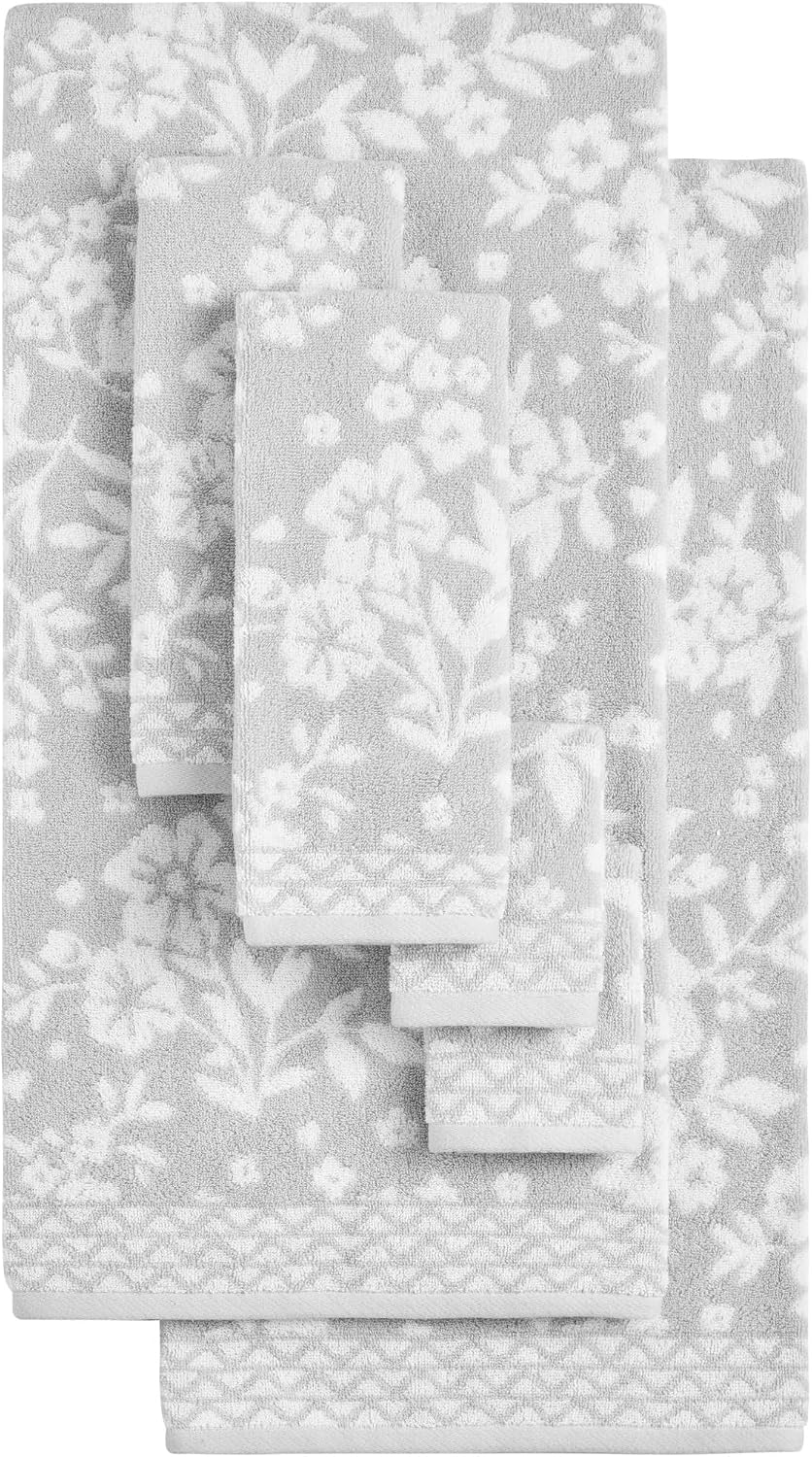 Lucky Brand Folk Floral 6 Piece Bath Towel Set - (2) Bath Towels, (2) Hand Towels, and (2) Washcloths - Glacier Grey