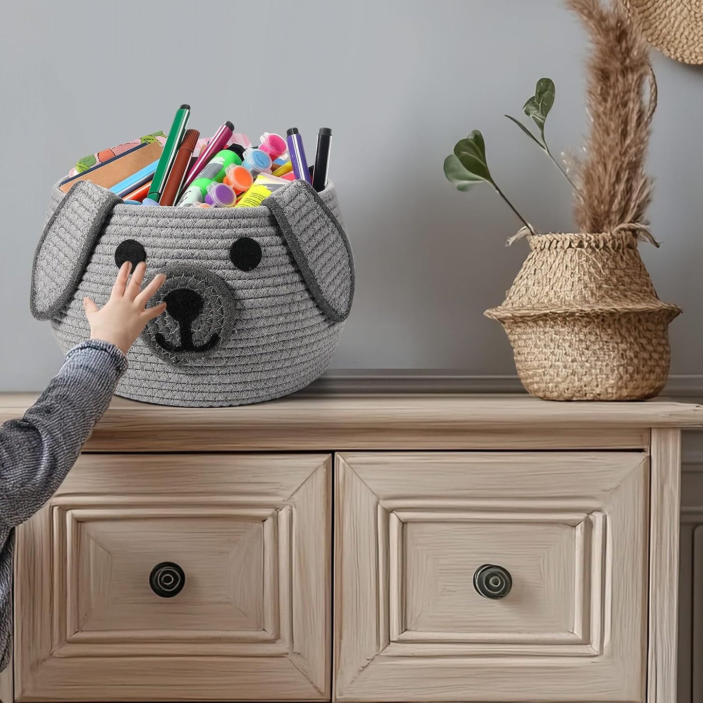 Dog Woven Basket Woven Cotton Rope Puppy Animal Storage Basket for Laundry Toy Gift / Gray / 13 x 8