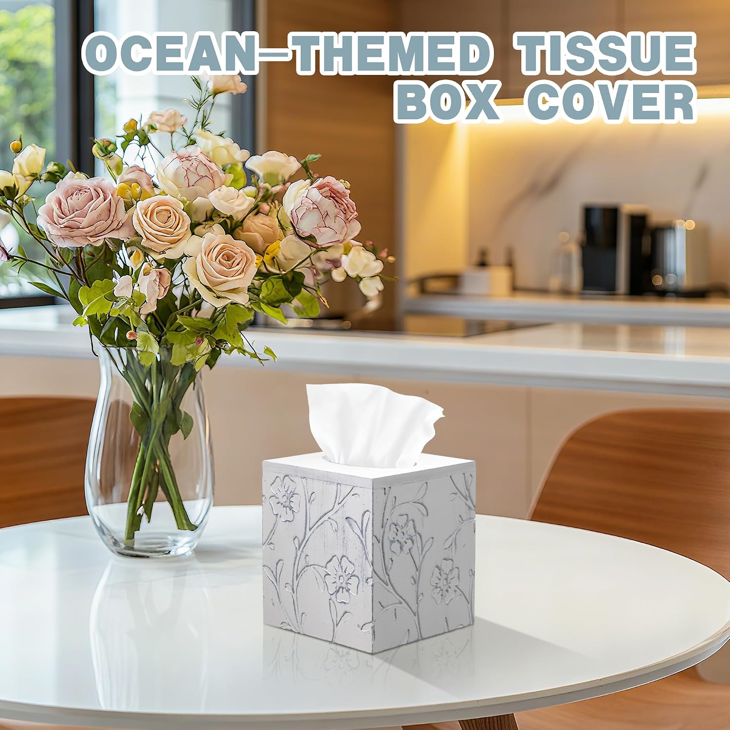 Carved Flowers Wooden Tissue Box Holder / Carved Flower