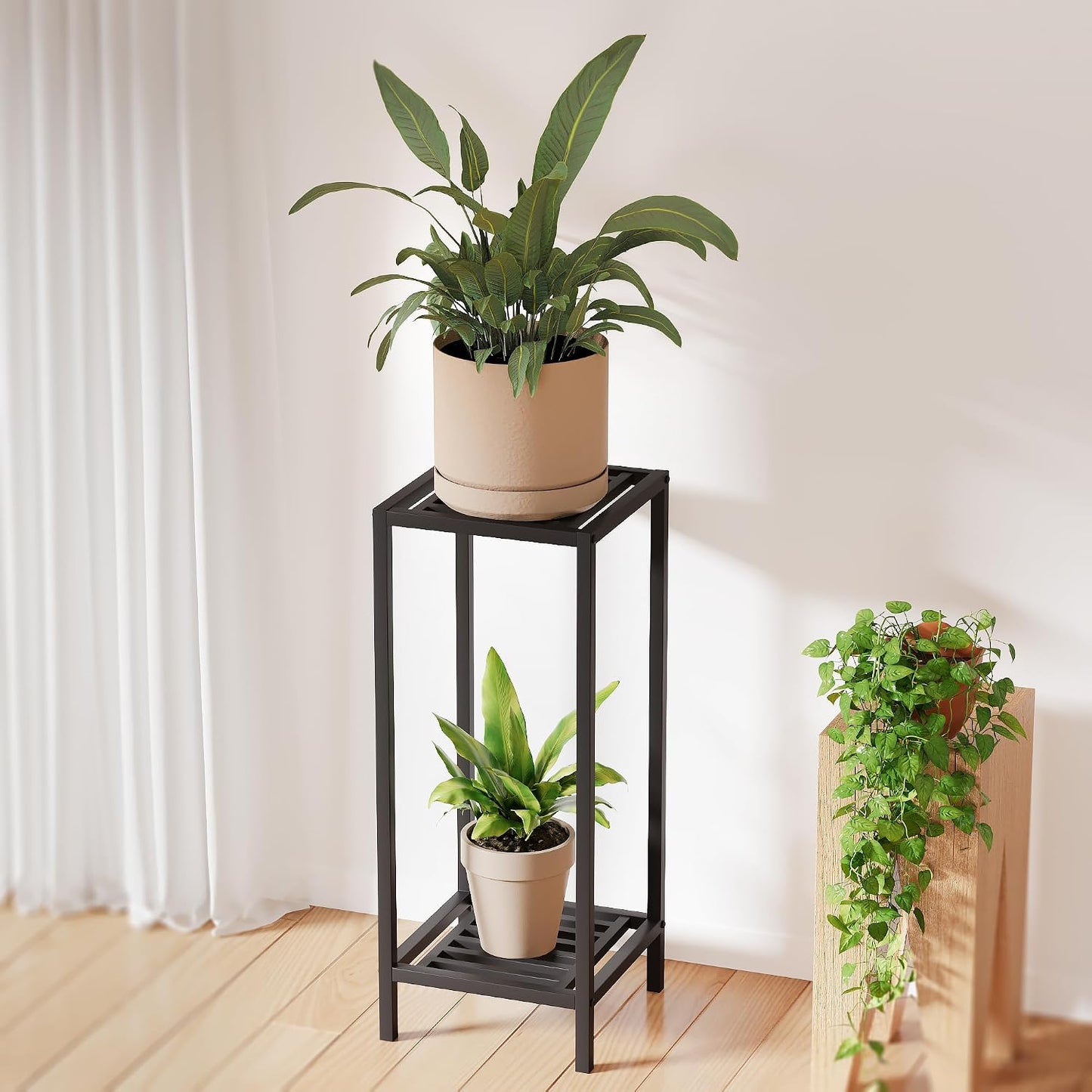 Zhongma 2 Tier 30" Tall Indoor Outdoor Plant Stand, 12 L x 12 W x 30 H inch, Heavy Duty Square Metal Flower Stand for