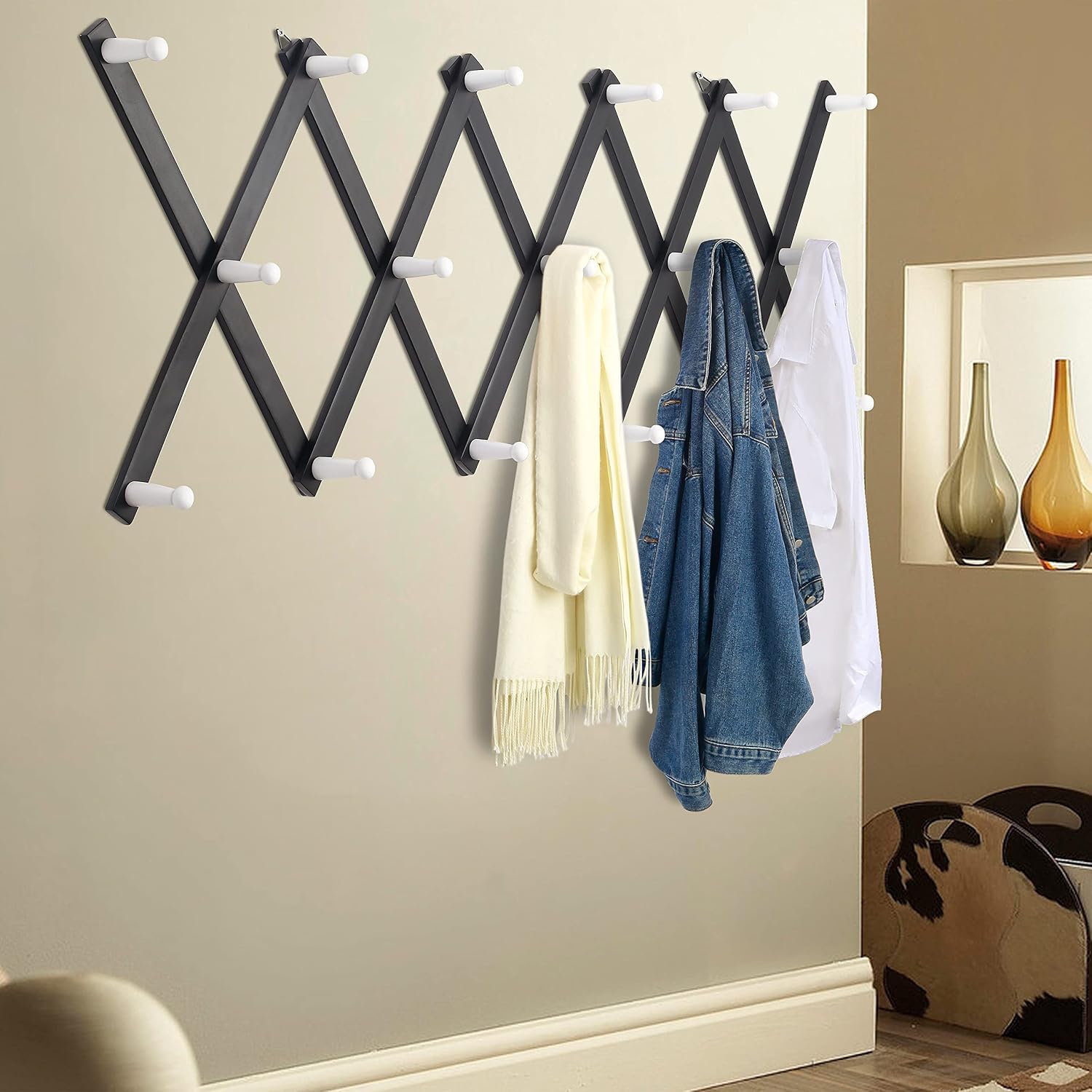 Accordian Wall Hanger: 16” High Wooden Wall Expandable Coat Rack, Hat Rack Holder, Accordion Hook for Baseball Caps