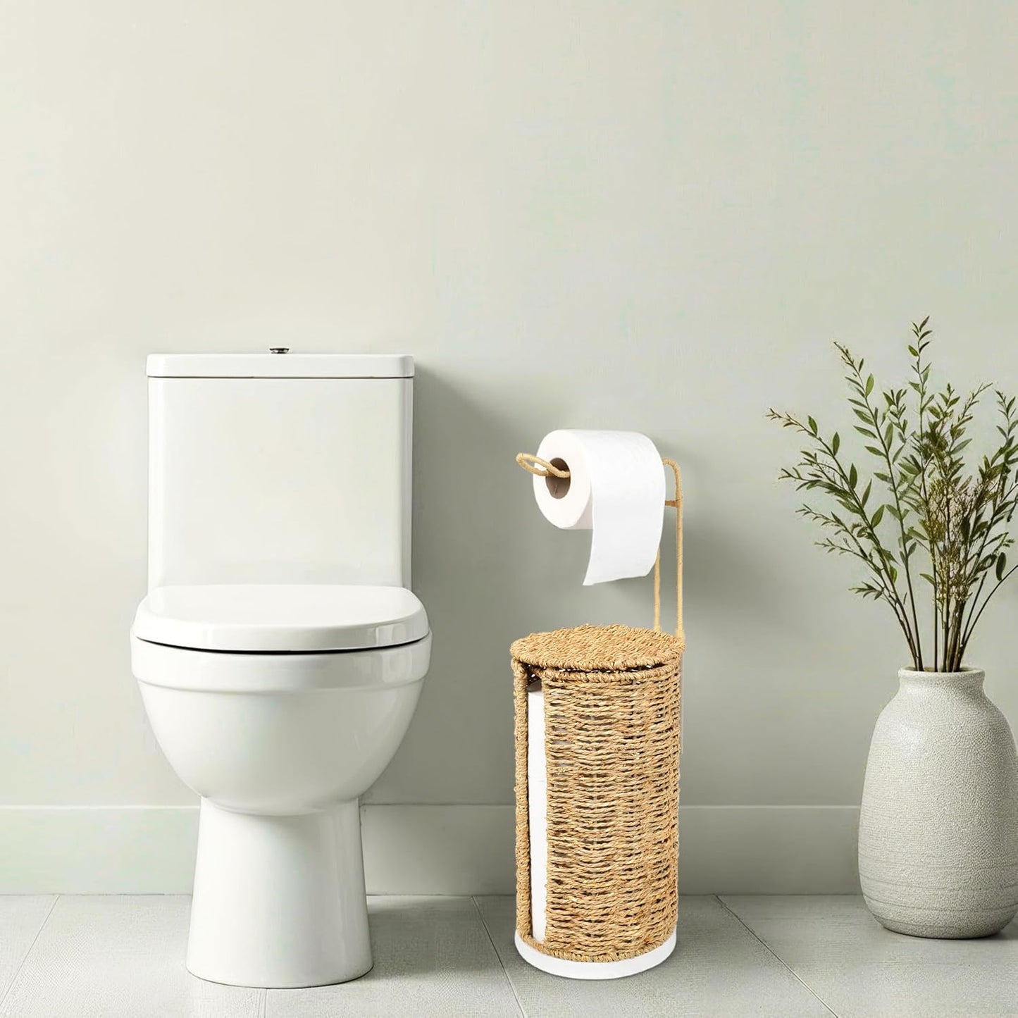 Freestanding Wicker Toilet Paper Holder with Lid, 3 Rolls of Toilet Tissue Storage, Rattan Handmade Woven Toilet Paper
