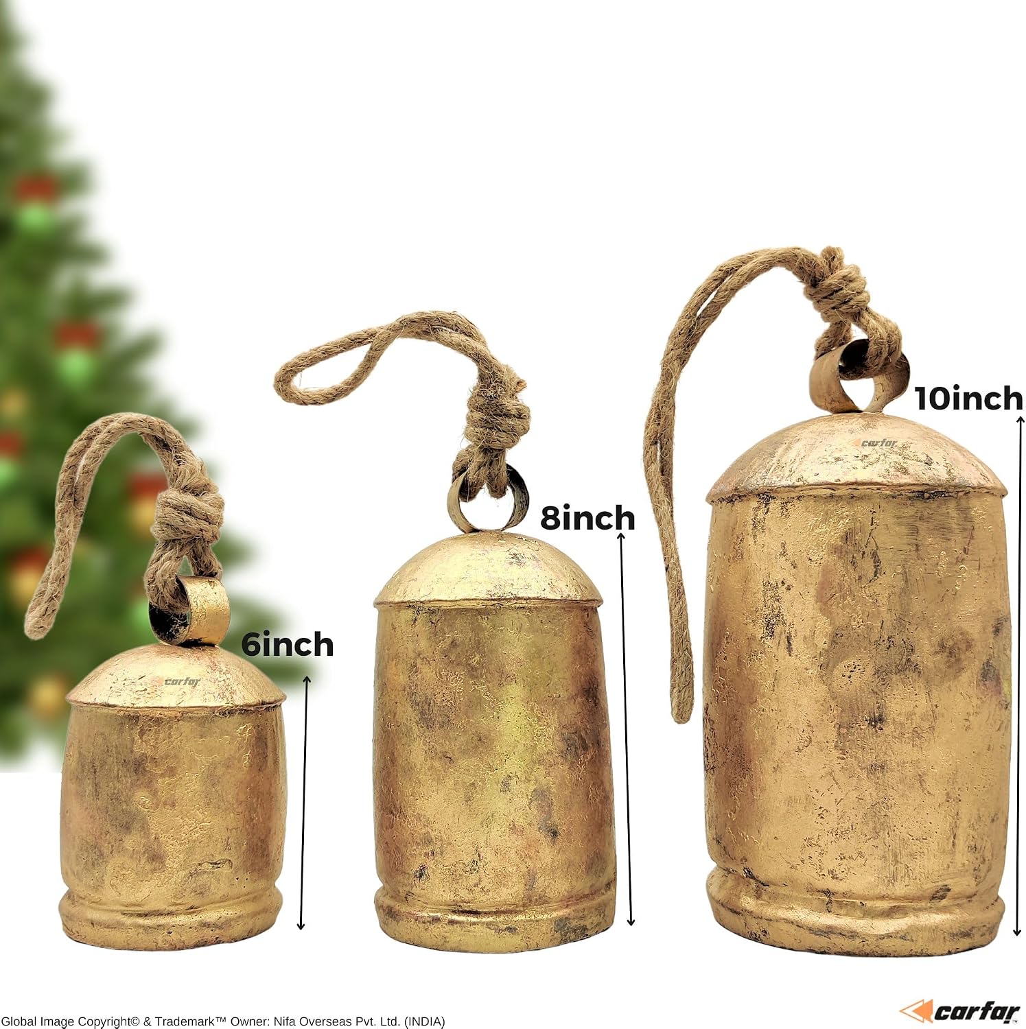 Shabby Chic Set of 3 Country Rustic Style Bells Handmade Metal Harmony Christmas Hanging Cow Bell Set on Jute Rope