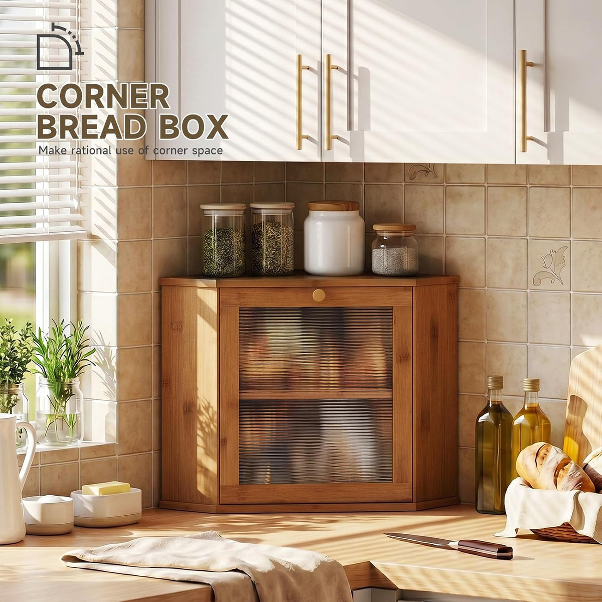 Bread Box for Kitchen Corner Countertop,Large Bread Basket (Brown, Large) | Double Layer Bamboo Bread Storage Container