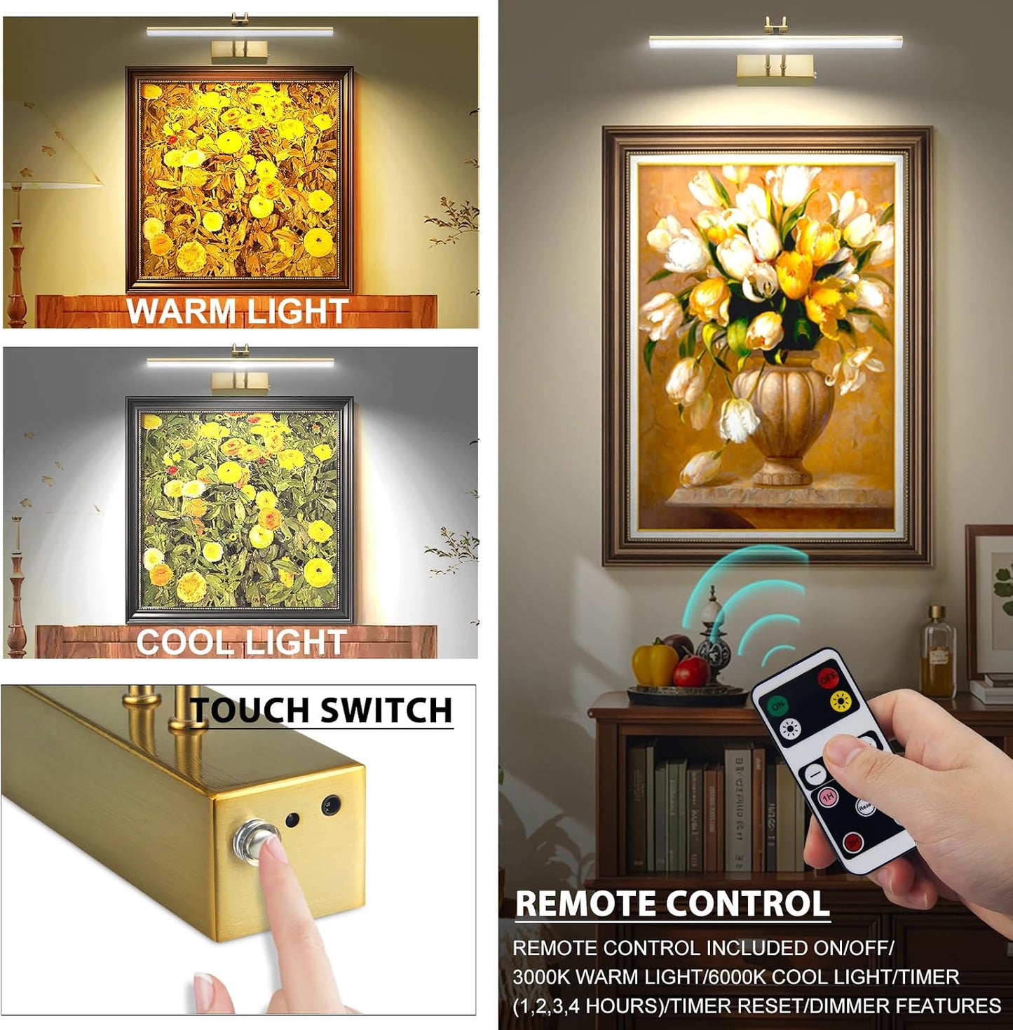 Picture Light for Wall,5000mAh Wireless Wall Light,16" Art Light,Brass | Rechargeable Photo Lights,Remote Timer and