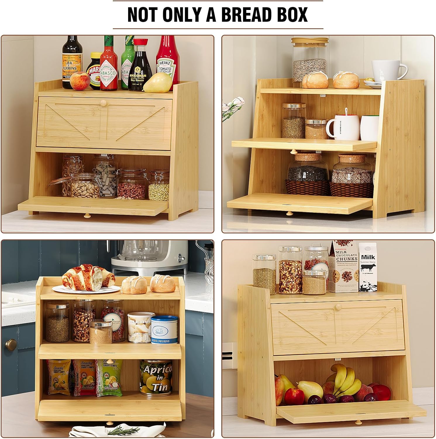 Trironsun Vintage Double Layer Bread Box for Kitchen Counter Bamboo Bread Storage Container Large Capacity Bread
