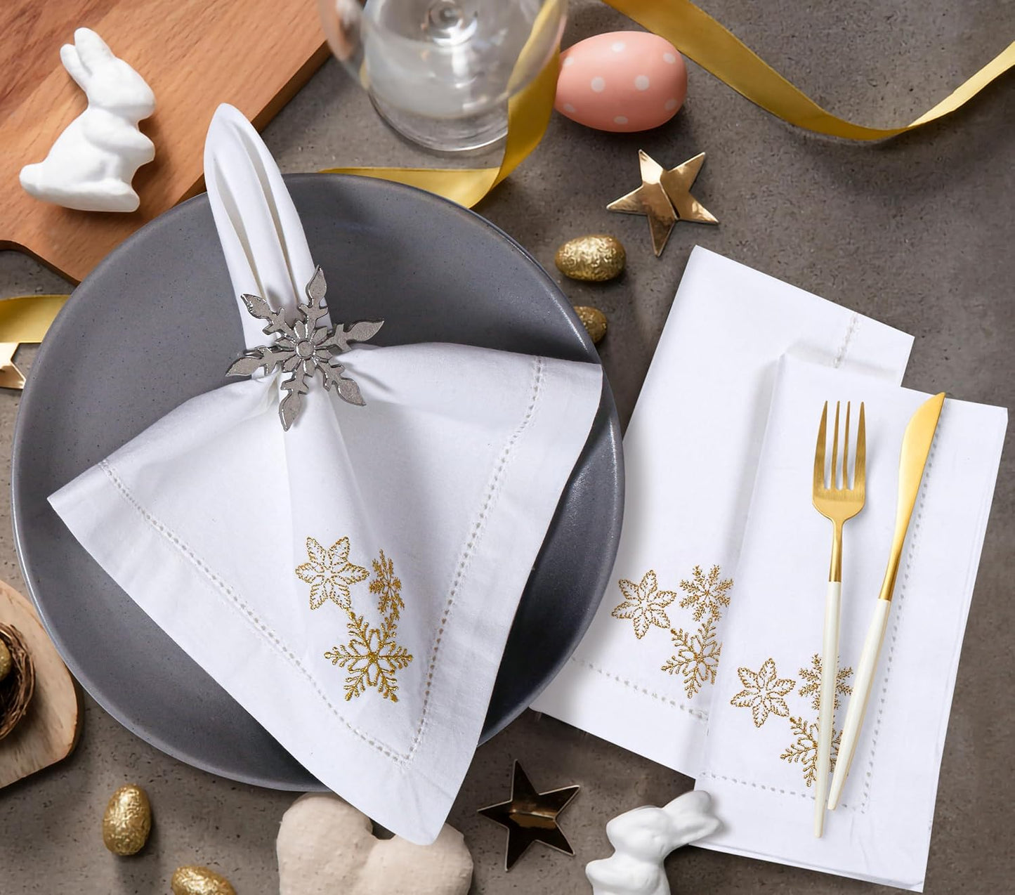 Bedding Craft Cotton Cloth Dinner Napkins, White & Gold, 18x18, 12-Pack | 100% cotton, gold embroidery, machine