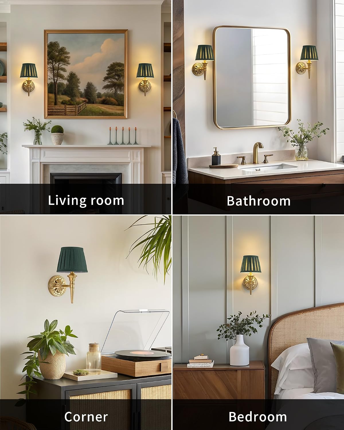 KDG Cordless Gold Wall Sconces Set of 2, Green Fabric Lampshde Wall Lamps | Small LED Wireless Portable Rechargeable